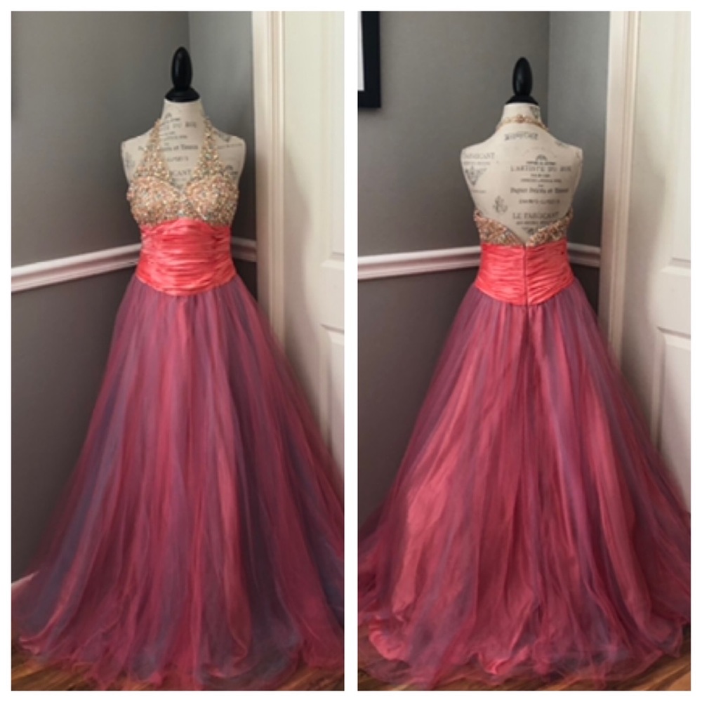 NEW FAVIANA SZ 14 BEADED SATIN TULLE HALTER BALL GOWN - Picture 2 of 13
